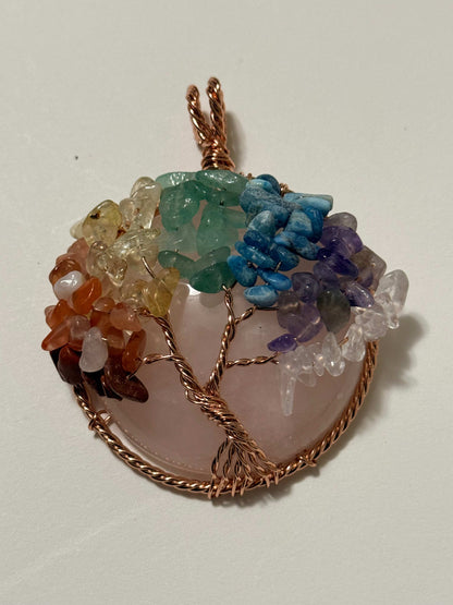 7 Chakra Tree Of Life pendant with green aventurine and copper wire on natural gemstone base