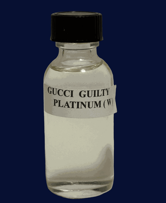 small bottle of Interpretation Perfume Oil Gucci Guilty Platinum with black cap and white label