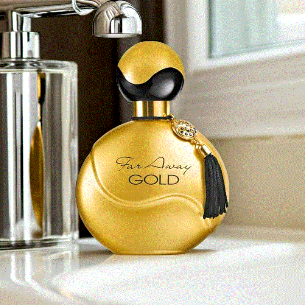 Far Away Gold Eau De Perfume bottle with oriental floral fragrance on bathroom sink