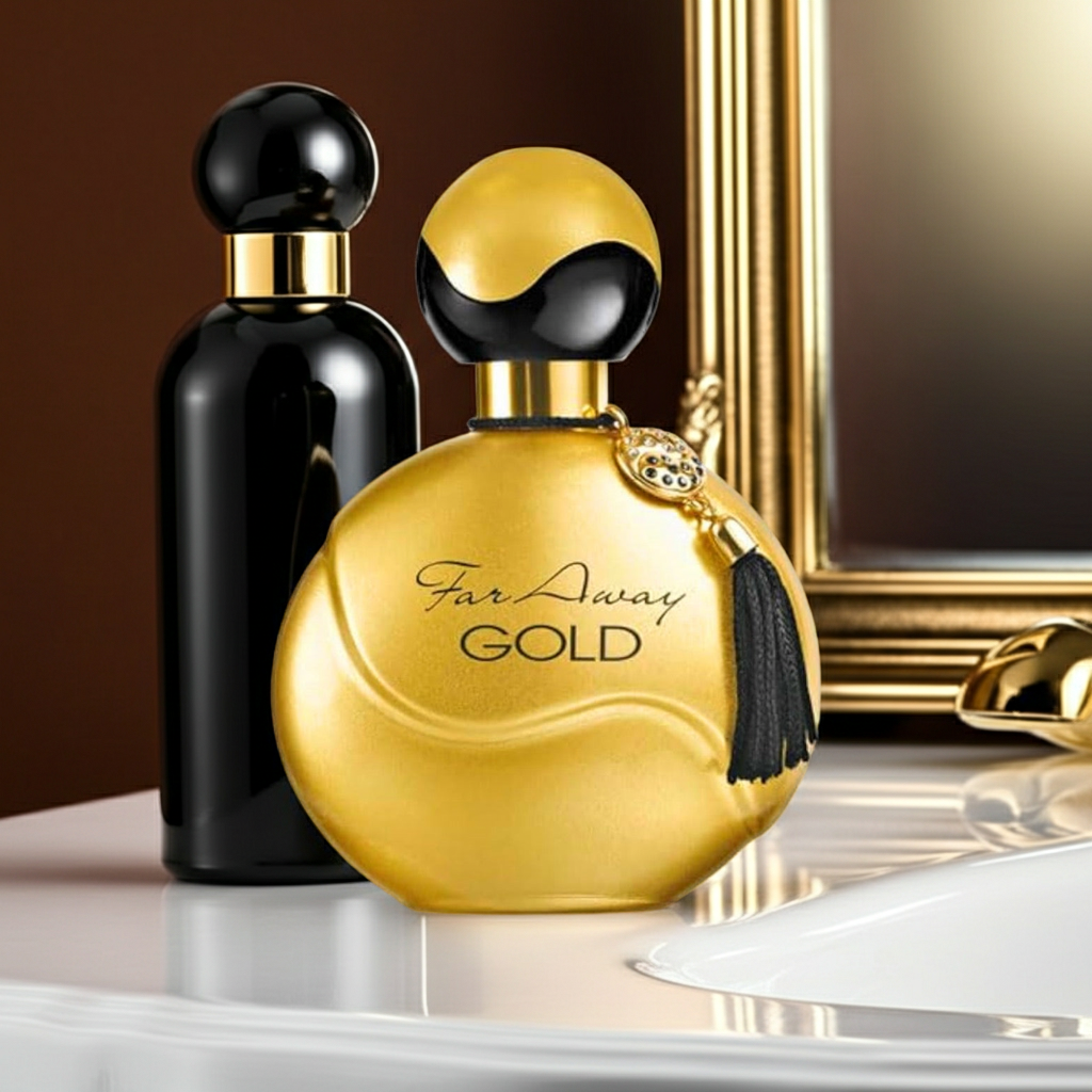 Far Away Gold Eau De Perfume bottle with a gold round design featuring ylang ylang, jasmine, and vanilla notes next to a black perfume bottle.