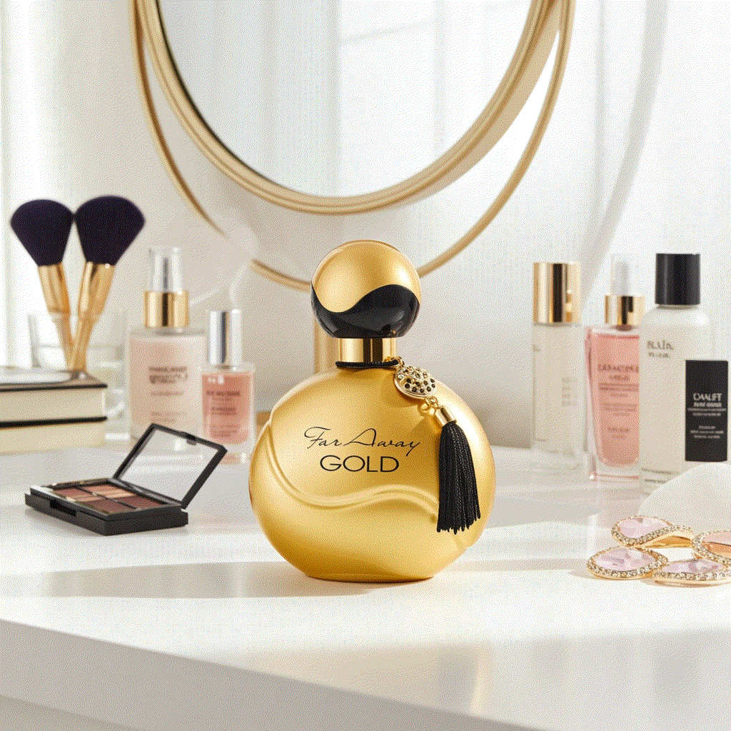 Far Away Gold Eau De Perfume bottle 1.7 fl oz with oriental floral fragrance on vanity table