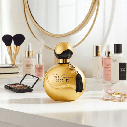 Far Away Gold Eau De Perfume bottle 1.7 fl oz with oriental floral fragrance on vanity table