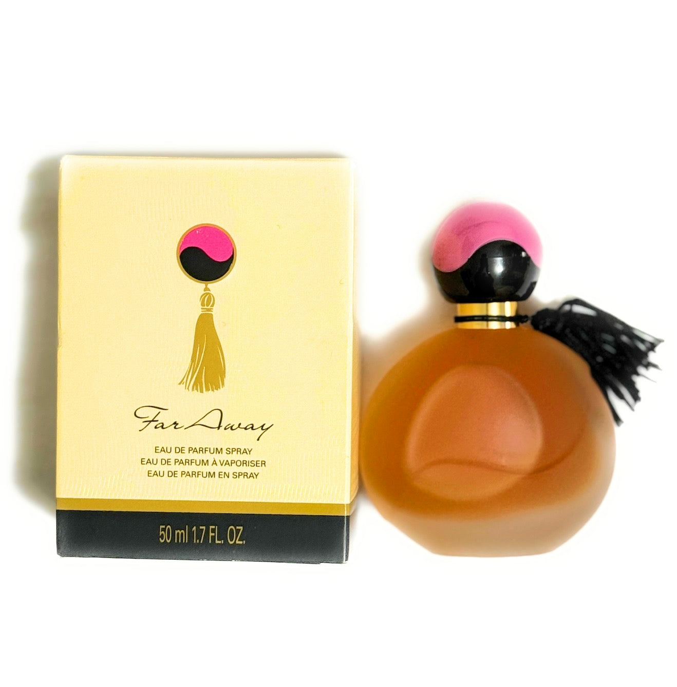 Far Away Original Eau De Perfume 1.7 fl oz bottle and packaging with warm amber scent