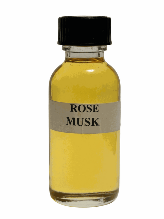 Small vial of Móntale Rose Musk perfume oil with black cap and yellow liquid inside