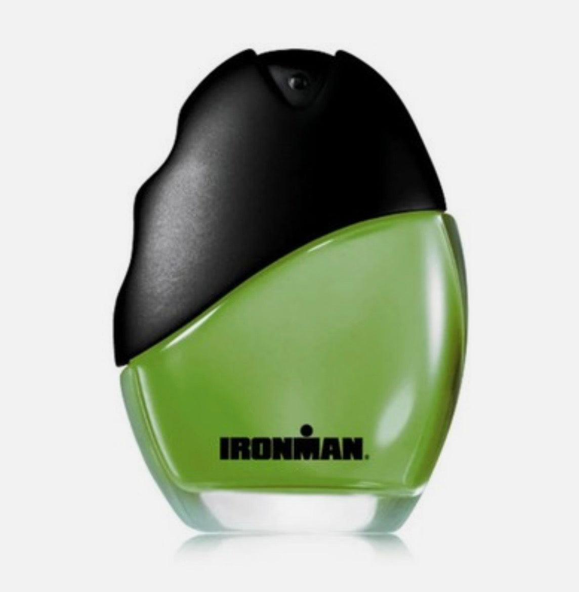 Ironman Eau De Toilette men's cologne spray bottle with green liquid and black cap