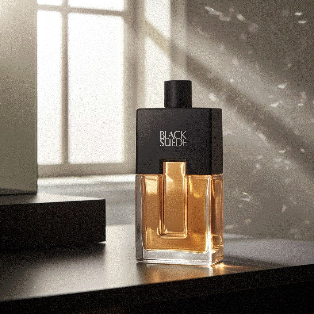 Black Suede Men cologne spray bottle with black cap on table in soft sunlight