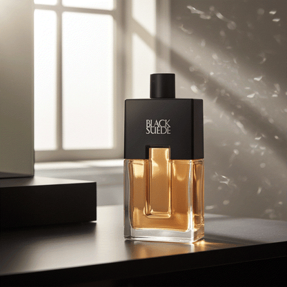 Black Suede Men cologne spray bottle with black cap on table in soft sunlight