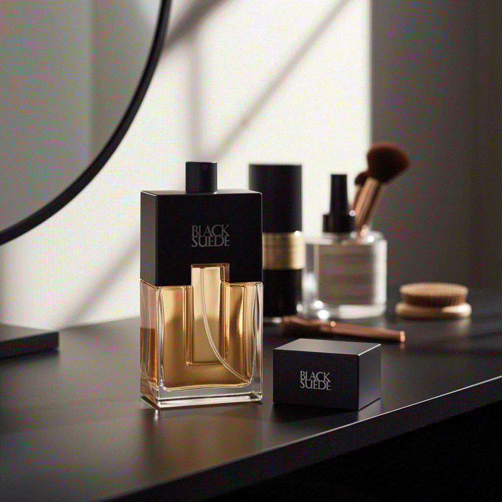 Black Suede Men eau de cologne spray bottle on vanity with grooming tools in background