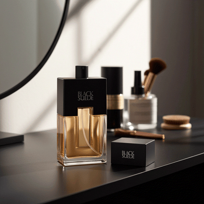 Black Suede Men eau de cologne spray bottle on vanity with grooming tools in background