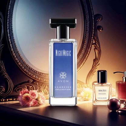 New Classic Night Magic cologne spray bottle with floral background on vanity table