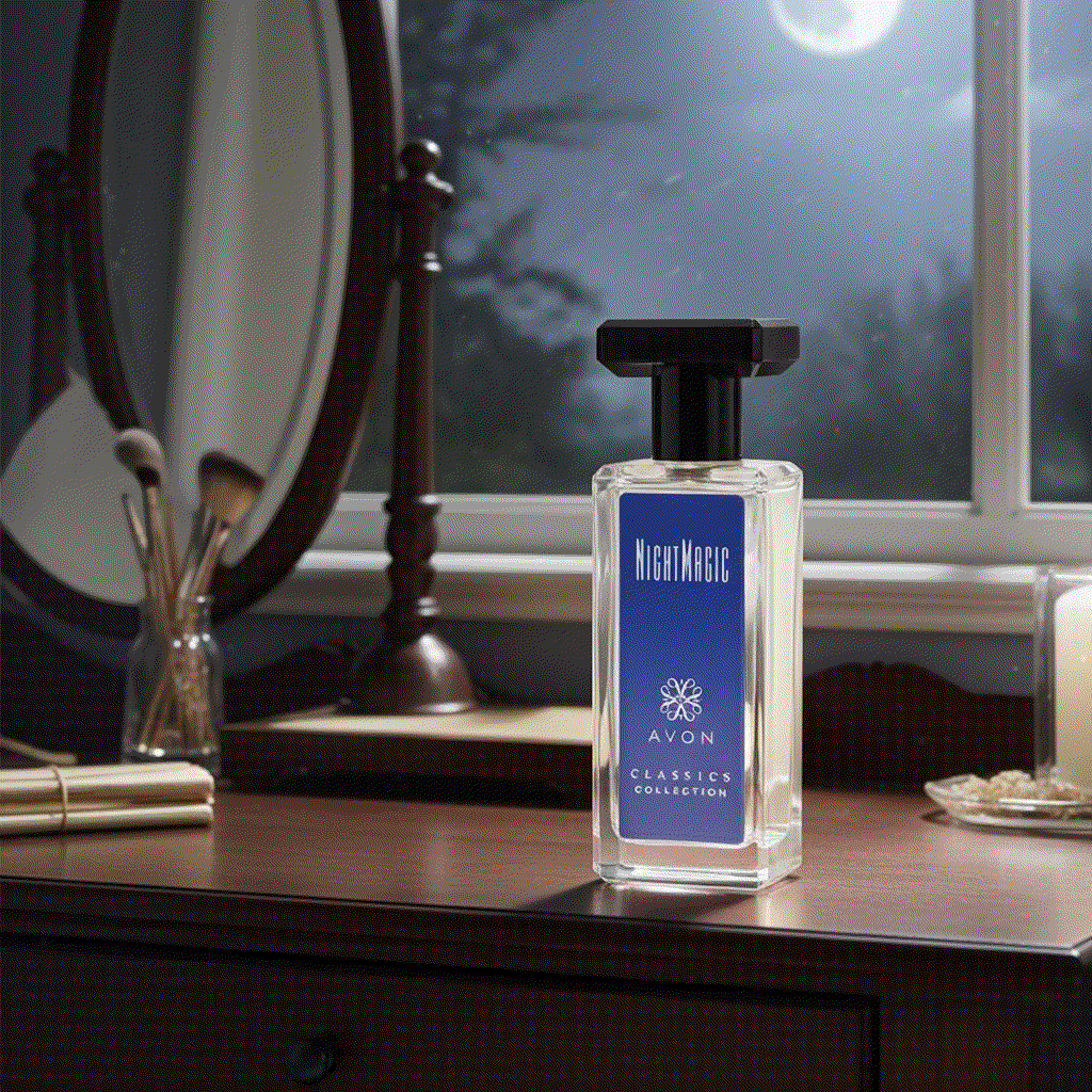 New Classic Night Magic cologne spray bottle on wooden dresser with mirror in background