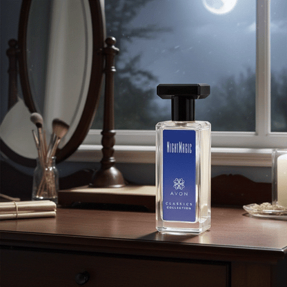 New Classic Night Magic cologne spray bottle on wooden dresser with mirror in background