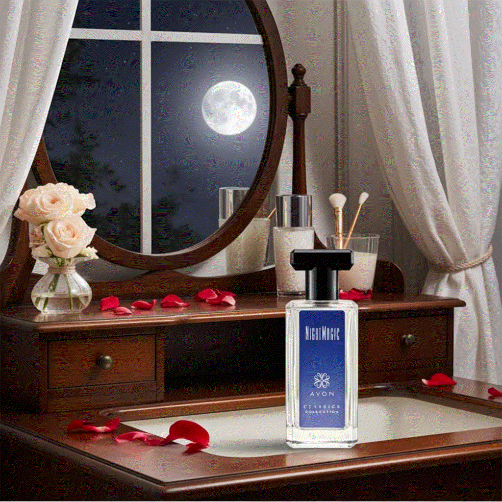 New Classic Night Magic cologne bottle on wooden vanity with roses and full moon backdrop