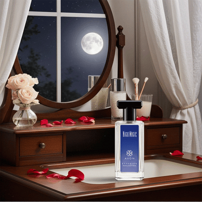 New Classic Night Magic cologne bottle on wooden vanity with roses and full moon backdrop