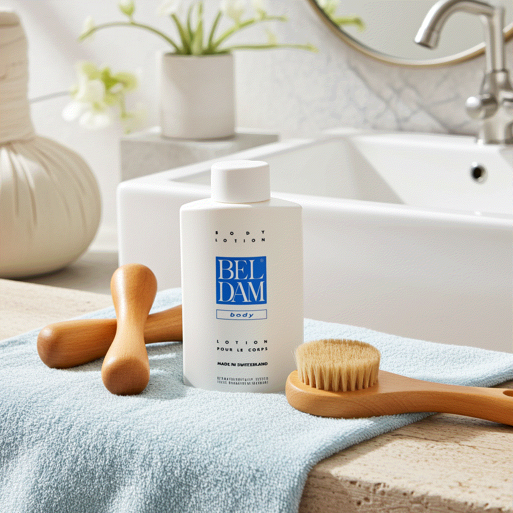 Beldam Body Lotion 17 fl oz Swiss-made moisturizing lotion on blue towel with bath brushes near sink