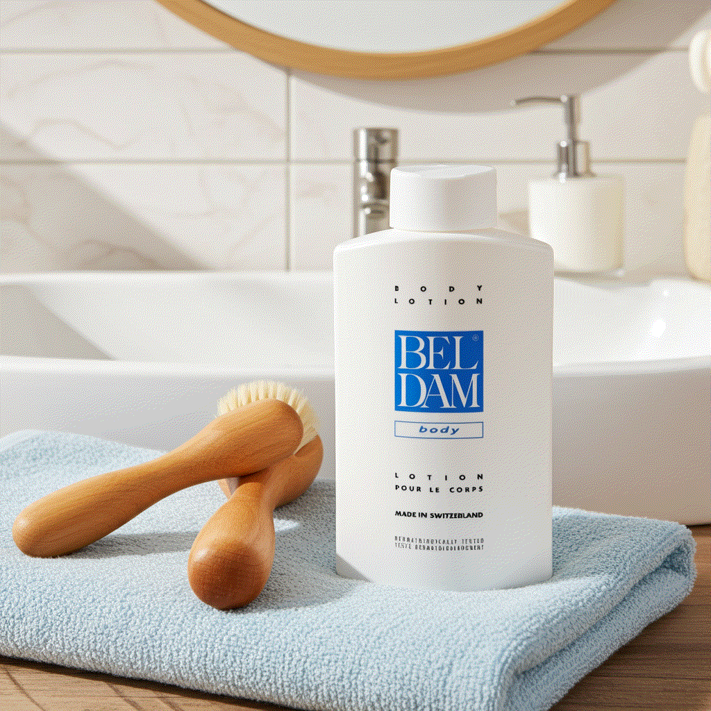 Beldam Body Lotion made in Switzerland 17 fl oz bottle on blue towel with wooden brushes beside bathroom sink moisturizing skin