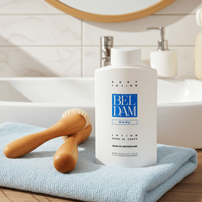 Beldam Body Lotion made in Switzerland 17 fl oz bottle on blue towel with wooden brushes beside bathroom sink moisturizing skin