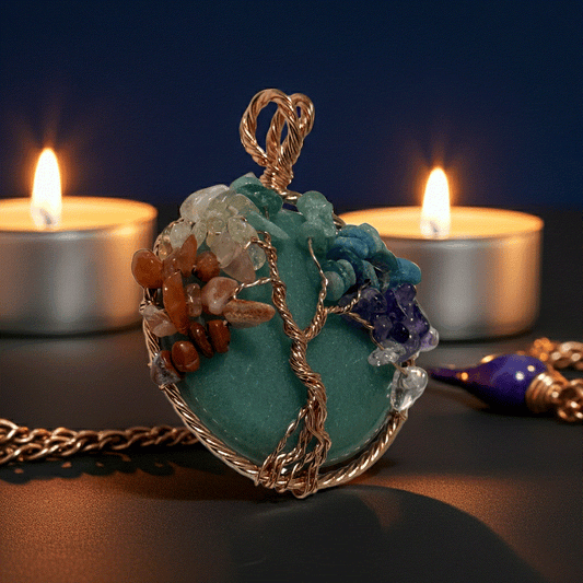 7 Chakra Tree Of Life pendant with green aventurine and copper wire wrapping on black leather cord