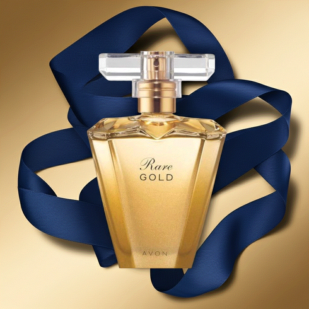 Avon Rare Gold Eau De Perfume bottle with elegant gold design and blue ribbon on golden background