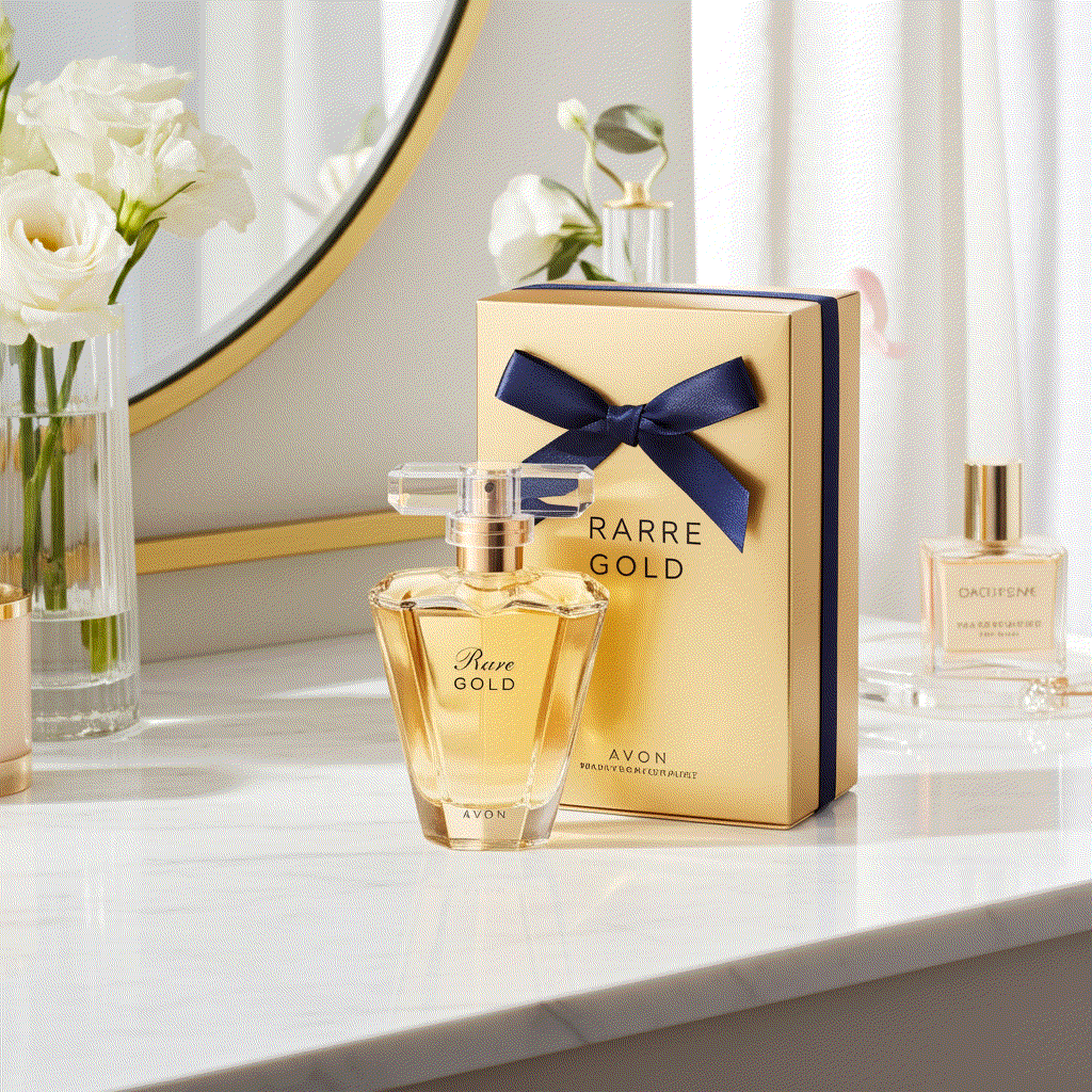 Avon Rare Gold Eau De Perfume bottle and box with navy ribbon on vanity table with flowers
