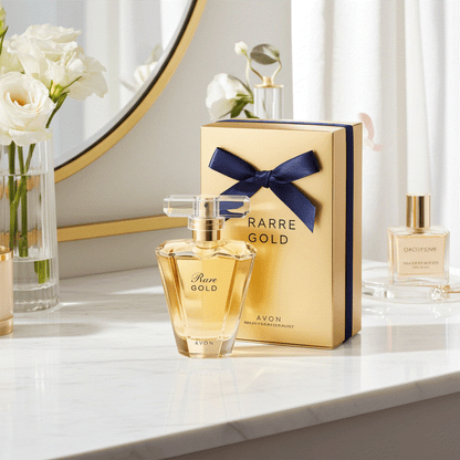 Avon Rare Gold Eau De Perfume bottle and box with navy ribbon on vanity table with flowers