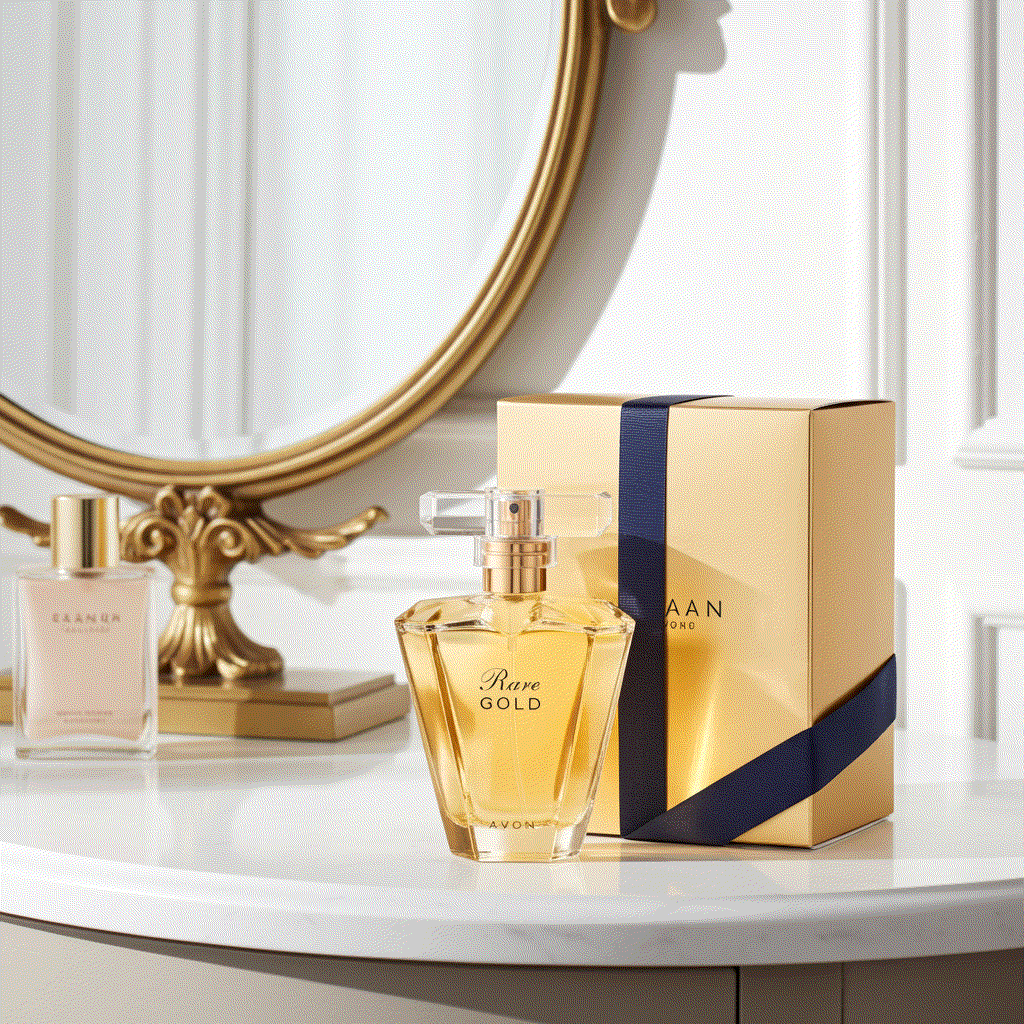 Avon Rare Gold Eau De Perfume 1.7 fl oz bottle with gold packaging on white table and ornate mirror in background