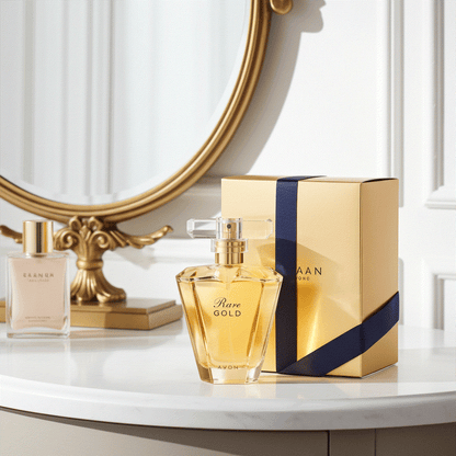 Avon Rare Gold Eau De Perfume 1.7 fl oz bottle with gold packaging on white table and ornate mirror in background