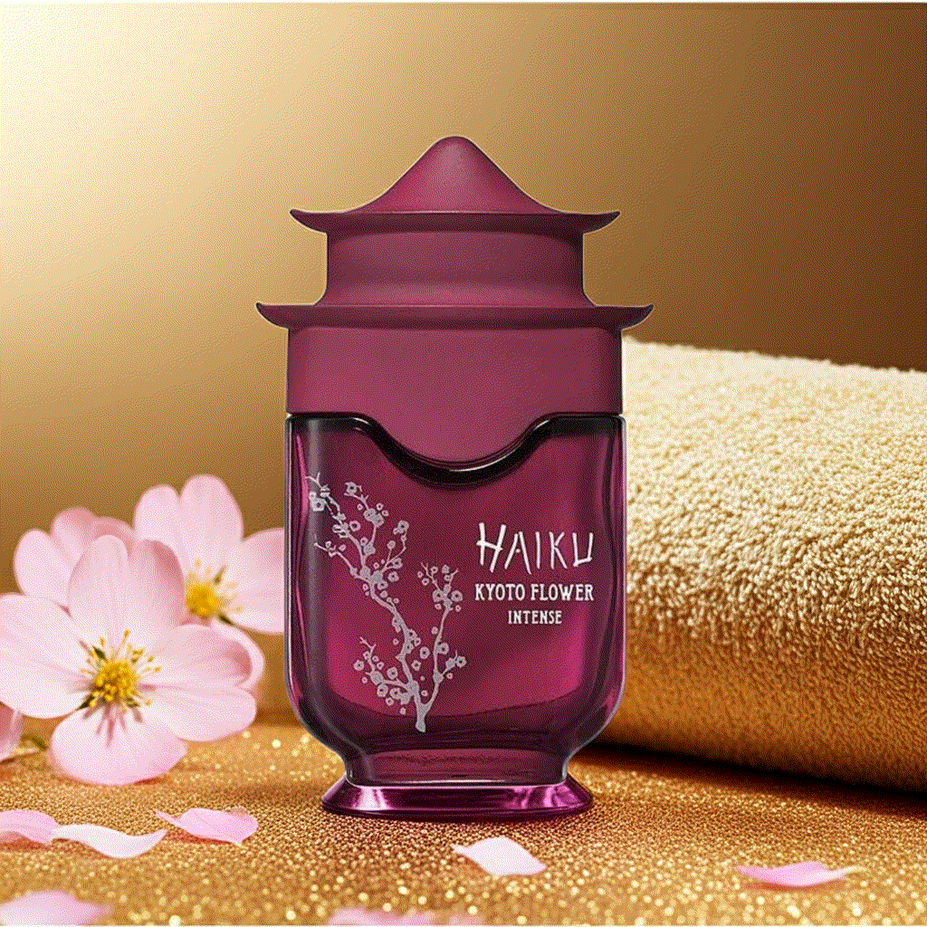 Haiku Kyoto Flower Intense perfume bottle with plum-tinted glass and floral design on golden background with pink flowers and towel