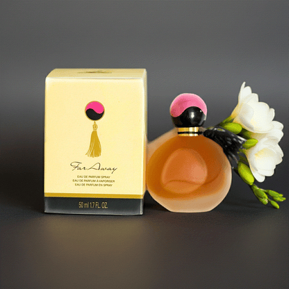 Far Away Original Eau De Perfume 1.7 fl oz warm amber soft oriental fragrance bottle with flower and packaging box