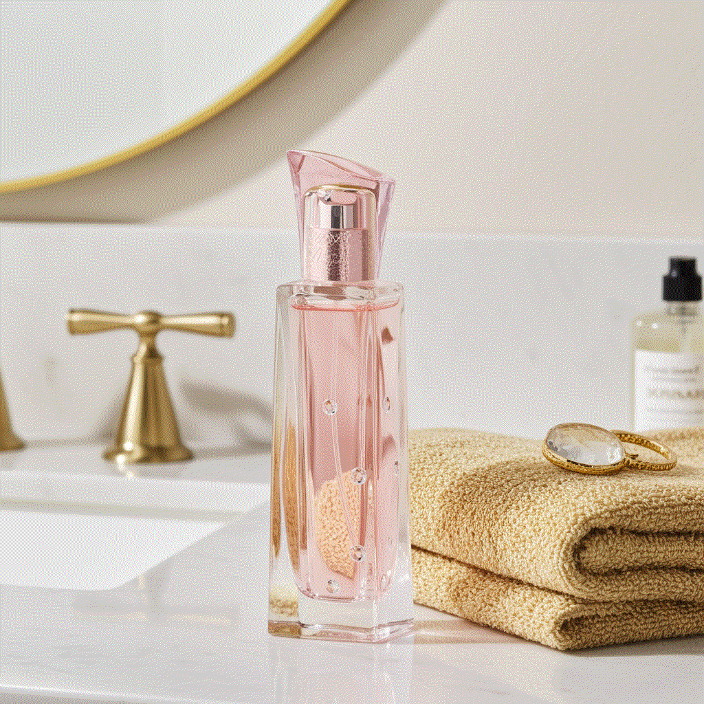 Dreamlife Bouquet Eau De Perfume 17 fl oz bottle with pink cap on bathroom counter near folded towel and rings