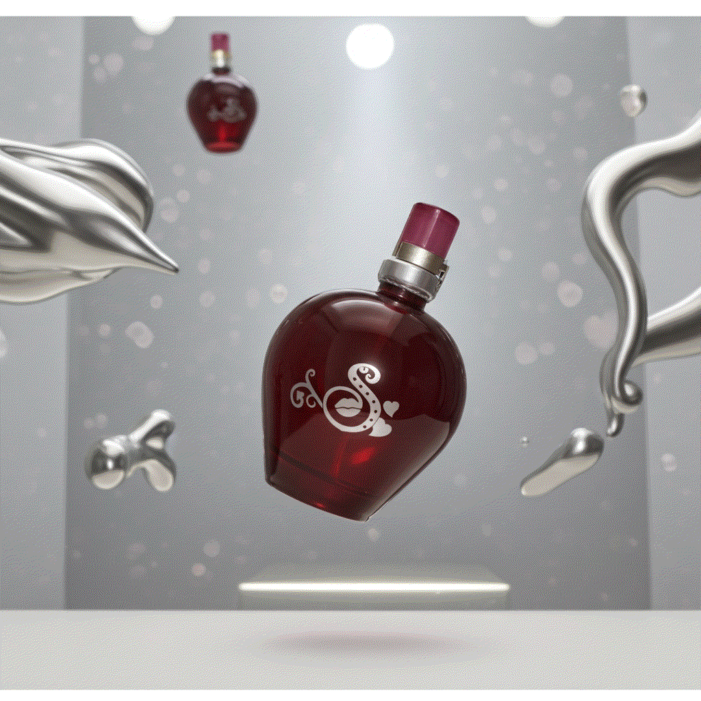 Secrets to Keep Kiss deep berry-red heart-shaped eau de toilette bottle with silver scripted S and heart accents