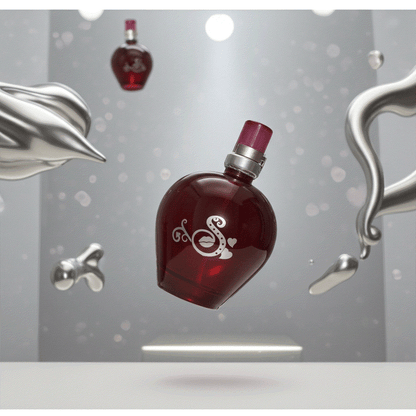 Secrets to Keep Kiss deep berry-red heart-shaped eau de toilette bottle with silver scripted S and heart accents
