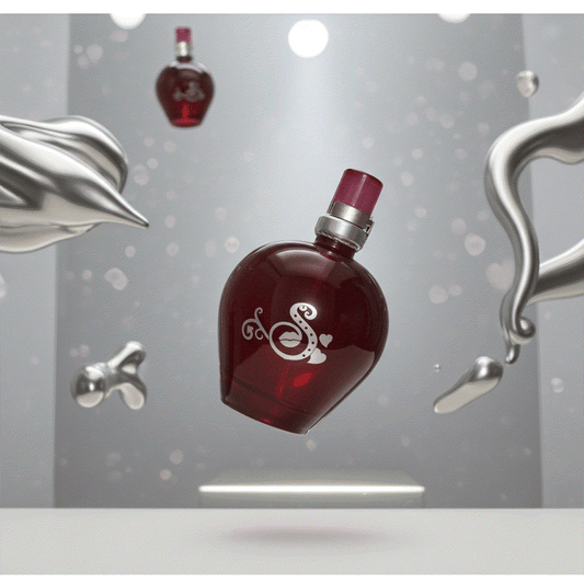 Secrets to Keep Kiss deep berry-red heart-shaped eau de toilette bottle with silver scripted S and heart accents