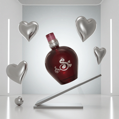 Secrets to Keep Kiss eau de toilette spray in heart-shaped wine red bottle with silver accents and floating silver hearts