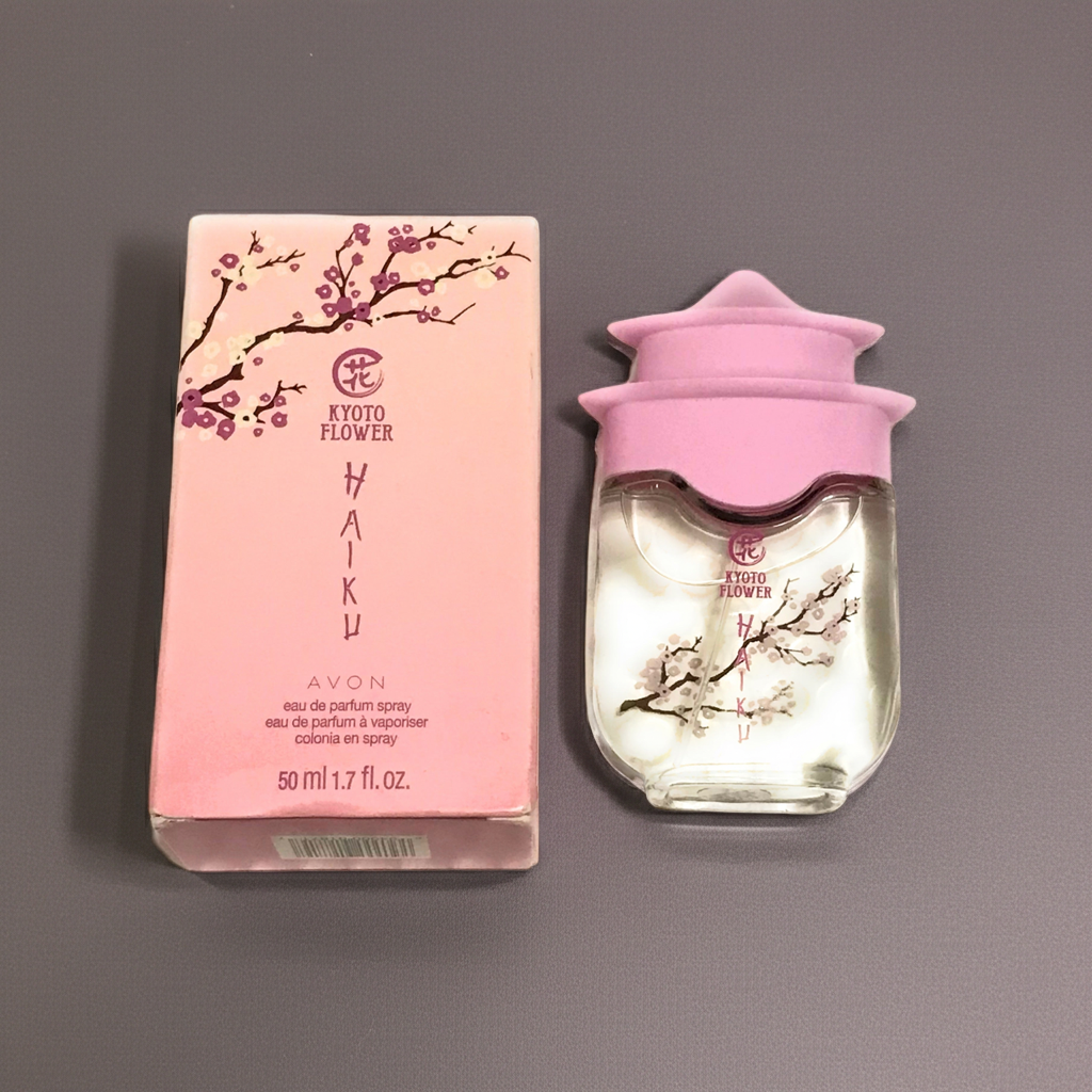 Kyoto Flower Haiku eau de perfume spray with violet leaves and white peony scent in 1.7 fl oz bottle and pink floral packaging