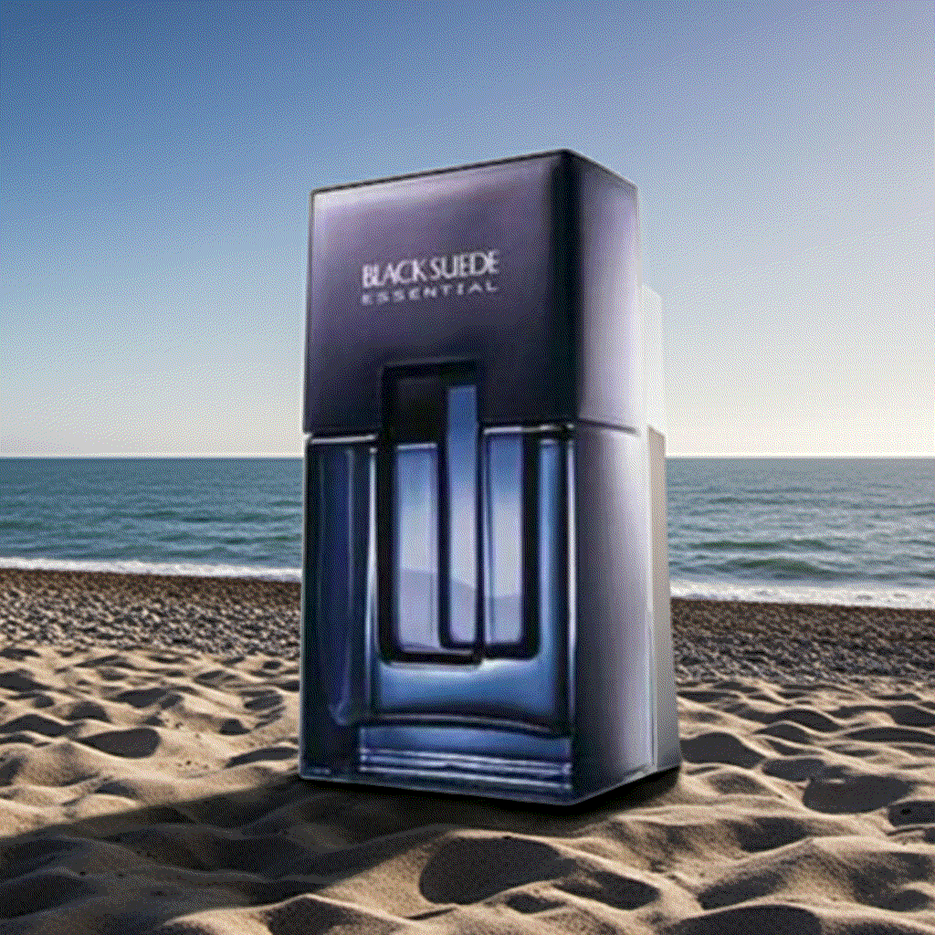 Black Suede Essentials men's cologne bottle on sandy beach with ocean background