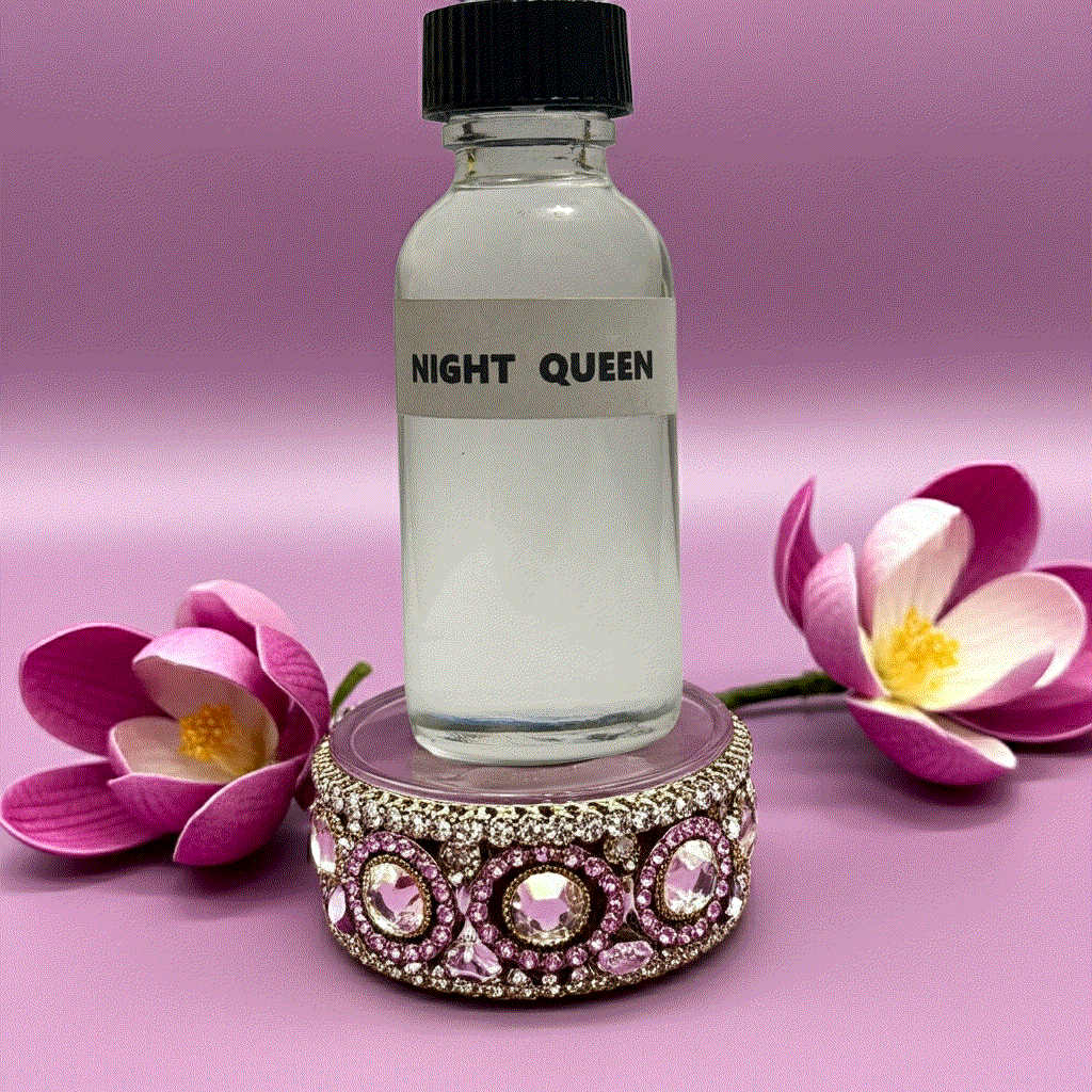 Night Queen perfume oil bottle on jeweled stand with pink flowers and purple background