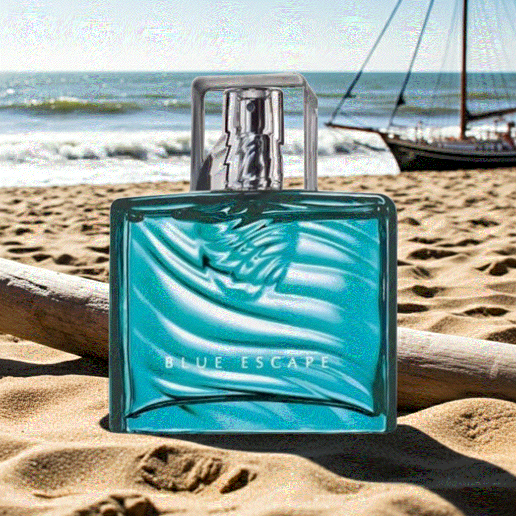 Blue Escape For Him Eau De Toilette cologne bottle on beach with ocean background