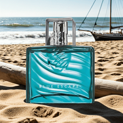 Blue Escape For Him Eau De Toilette cologne bottle on beach with ocean background