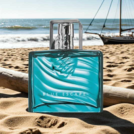 Blue Escape For Him Eau De Toilette cologne bottle on beach with ocean background