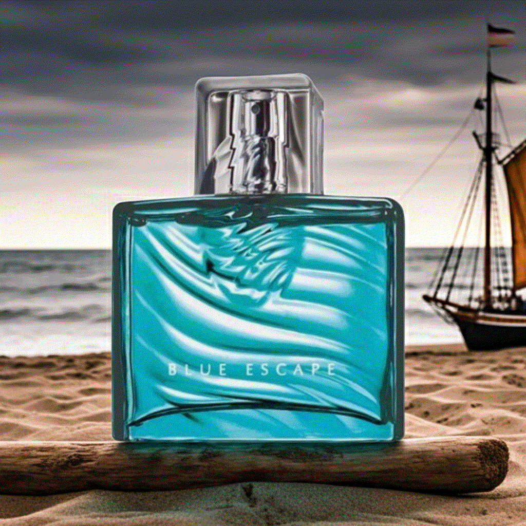 Blue Escape For Him Eau De Toilette cologne bottle on beach with ocean background and ship, 2.5 fl oz, fresh ocean mist scent
