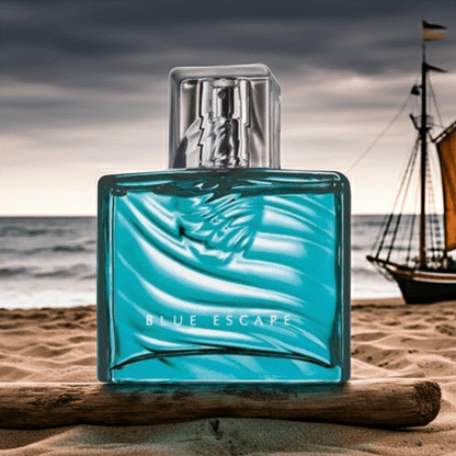Blue Escape For Him Eau De Toilette cologne bottle on beach with ocean background and ship, 2.5 fl oz, fresh ocean mist scent