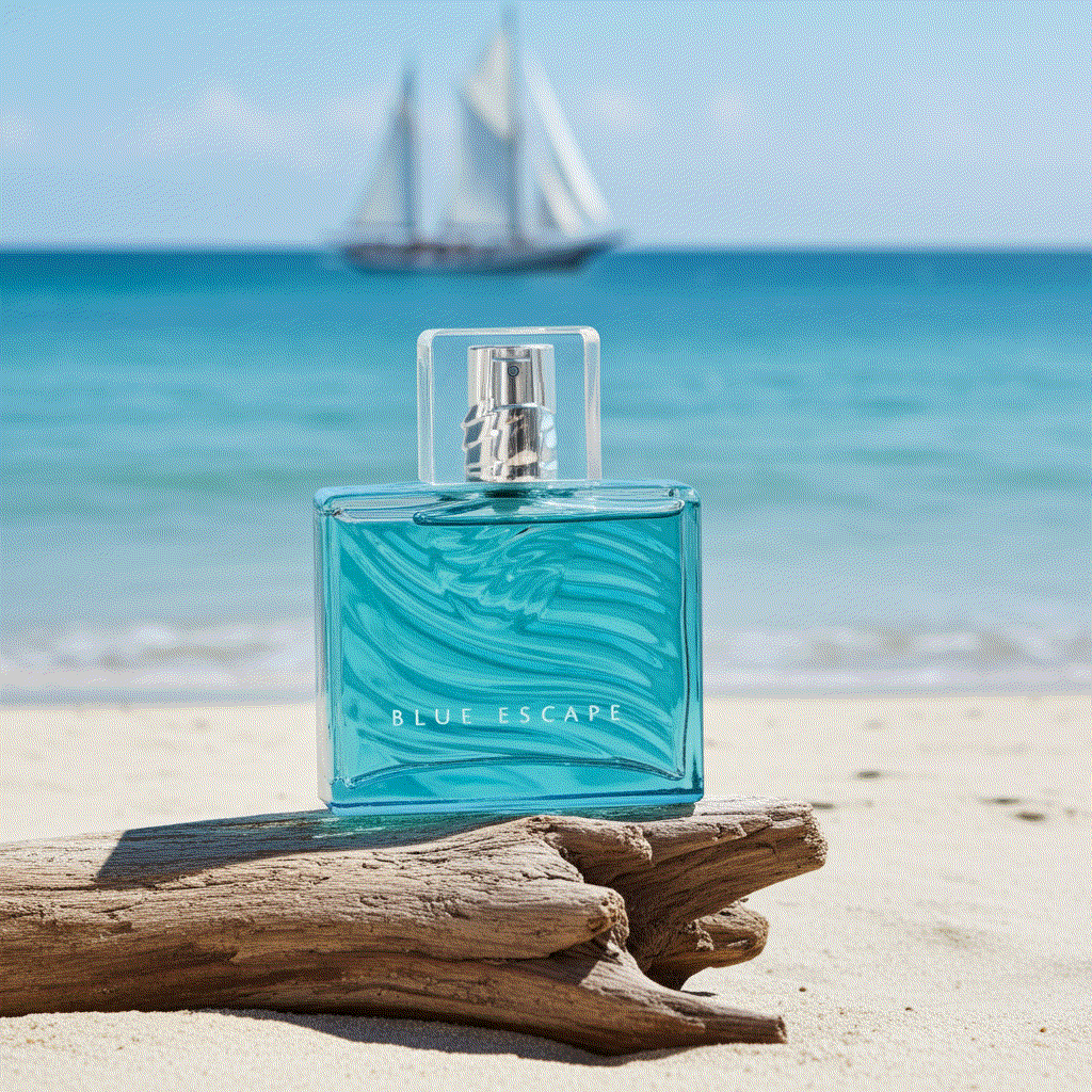 Blue Escape For Him cologne bottle on beach with ocean background and sailboat in distance